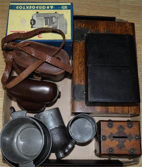 A quantity of mixed pewter, boxes, cameras etc.